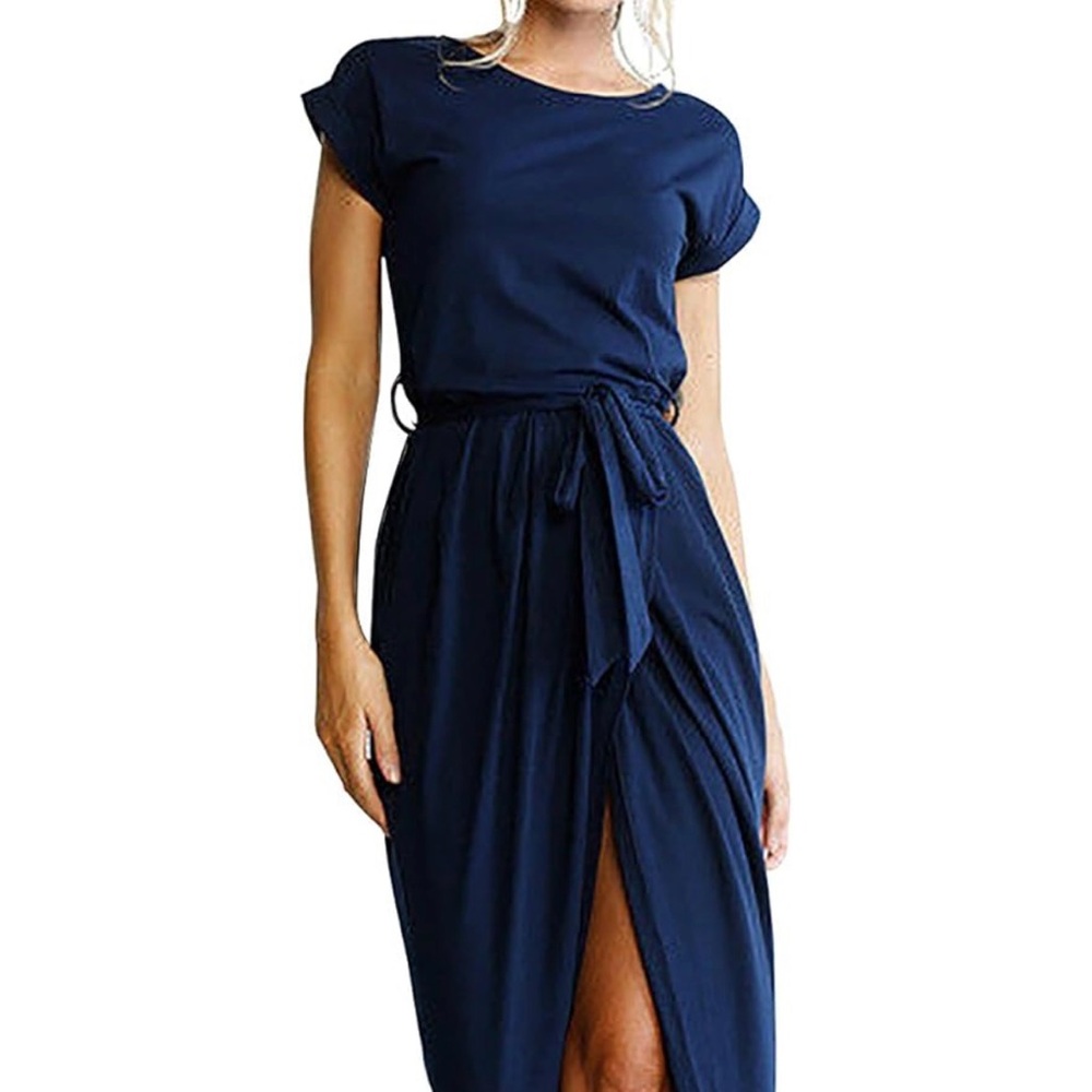 Navy Short Sleeve Slit Midi Dress w/ Belt